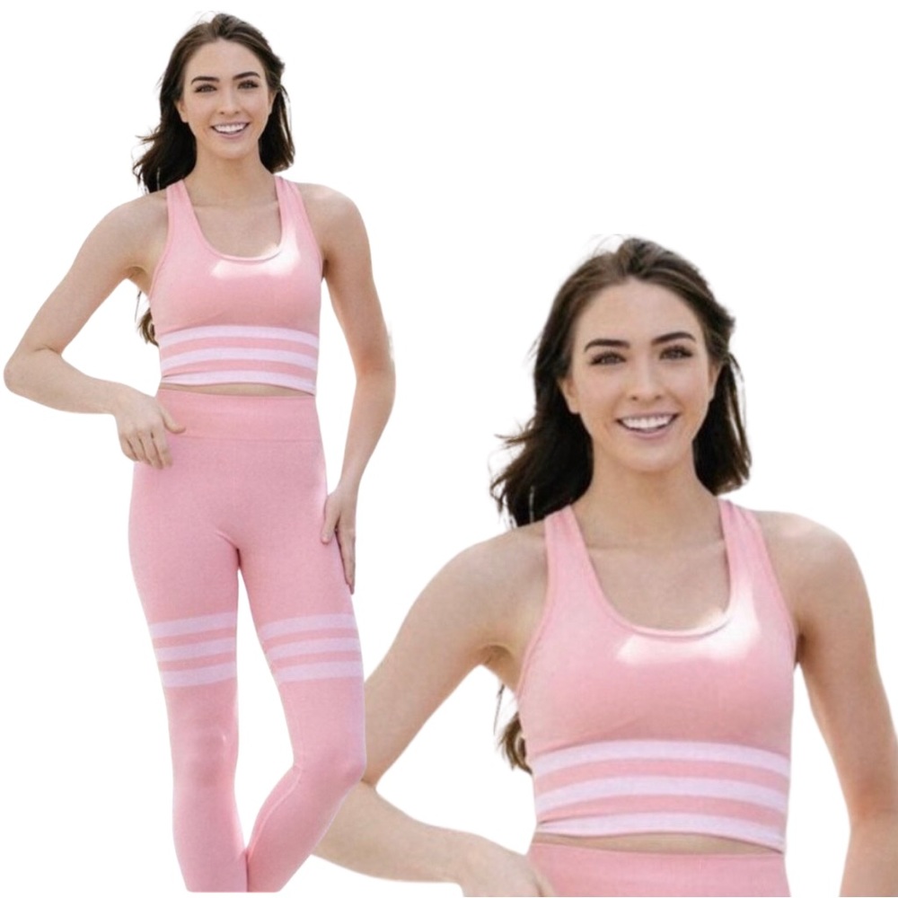 Savvi Fit Pink Bra and Leggings Set with White Accent Stripes